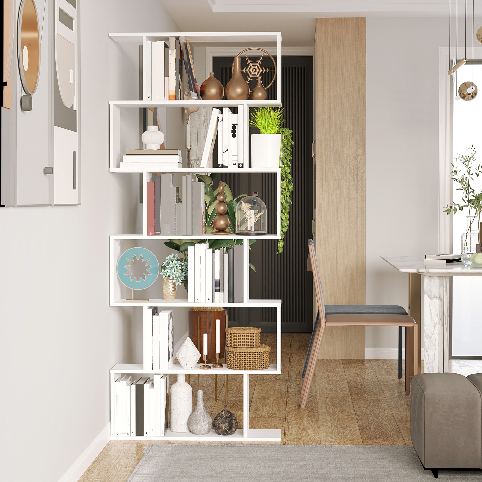 HOMCOM S Shape Wooden 6-tier Bookshelf Open Concept Bookcase Storage Display Unit for Home Office Living Room, White