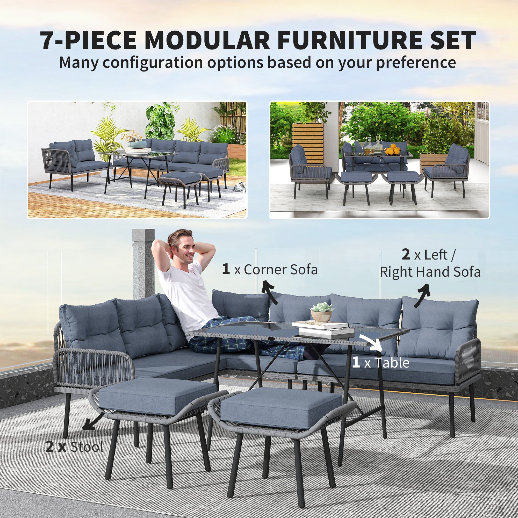 Outsunny 6 Piece Rattan Garden Furniture Set, 8 Seater Garden Corner Sofa with Cushions and Glass Top Table, Sectional Outdoor Furniture Conservatory Set for Patio, Charcoal Grey 