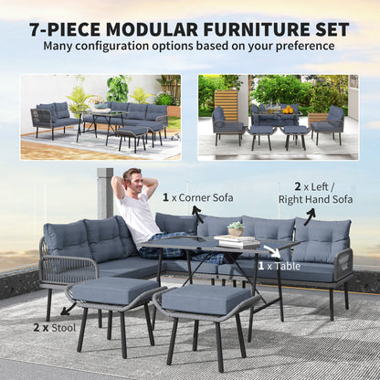 Outsunny 6 Piece Rattan Garden Furniture Set, 8 Seater Garden Corner Sofa with Cushions and Glass Top Table, Sectional Outdoor Furniture Conservatory Set for Patio, Charcoal Grey 