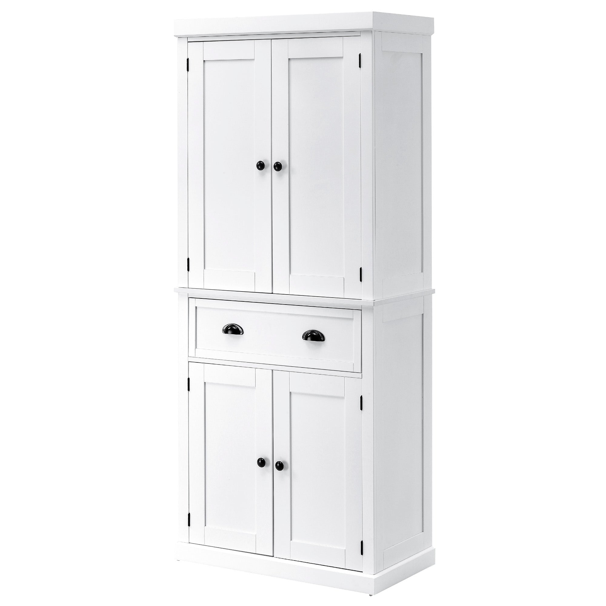 HOMCOM Freestanding Kitchen Cupboard, 184cm Tall Storage Cabinet with Doors and Shelves, Traditional Colonial 4-Door Kitchen Pantry Cupboard with Drawer, White 