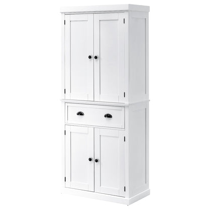 HOMCOM Freestanding Kitchen Cupboard, 184cm Tall Storage Cabinet with Doors and Shelves, Traditional Colonial 4-Door Kitchen Pantry Cupboard with Drawer, White 
