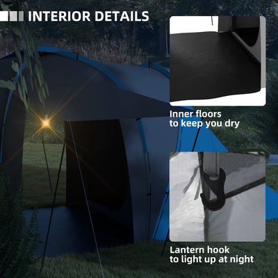 Outsunny Large Camping Tent Tunnel Tent with 2 Bedroom and Living Area, 2000mm Waterproof, Portable with Bag for 4-6 Man, Blue 