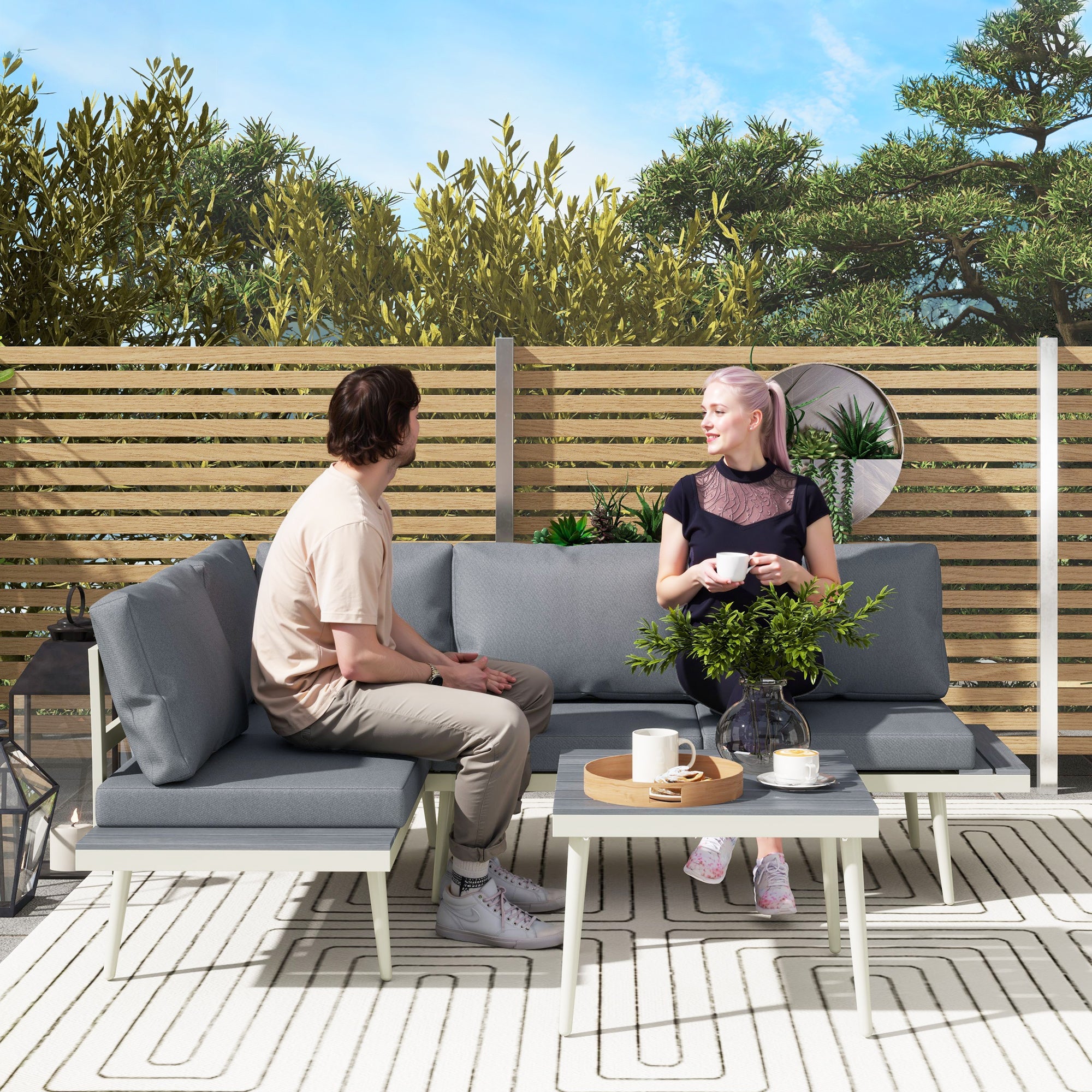 Outsunny 3 Piece Garden Furniture Set with 5-Level Adjustable Lounger, L Shaped Garden Corner Sofa with Cushions, Mesh Seat, Slatted Wood-Grain Table, Outdoor Furniture Set for Conservatory, Grey 