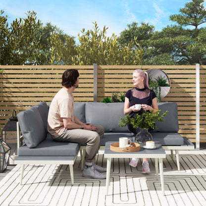 Outsunny 3 Piece Garden Furniture Set with 5-Level Adjustable Lounger, L Shaped Garden Corner Sofa with Cushions, Mesh Seat, Slatted Wood-Grain Table, Outdoor Furniture Set for Conservatory, Grey 