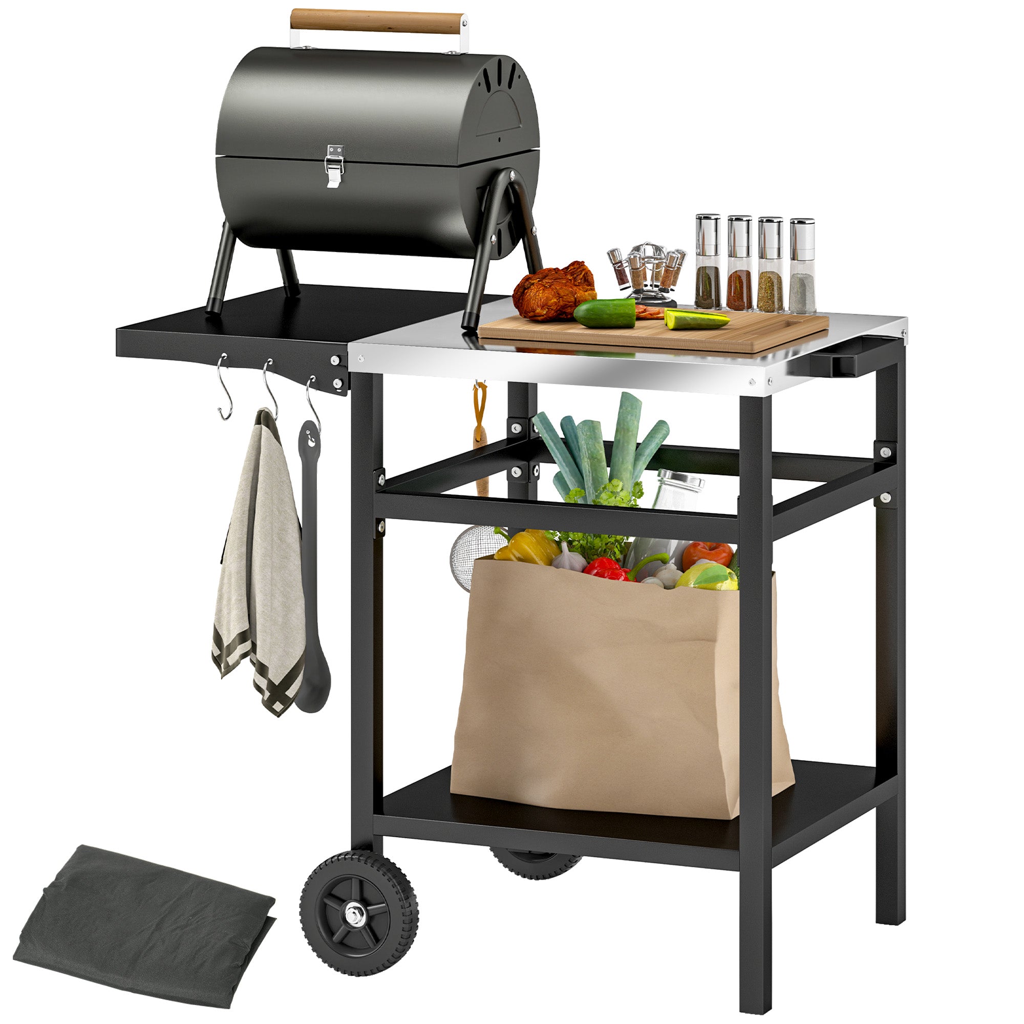 Outsunny BBQ Trolley with Stainless Steel Top and Foldable Side Table, Outdoor Kitchen BBQ Station with Hooks and Shelf, Pizza Oven Table Movable Outdoor Grill Dining Cart with Cover, Black 