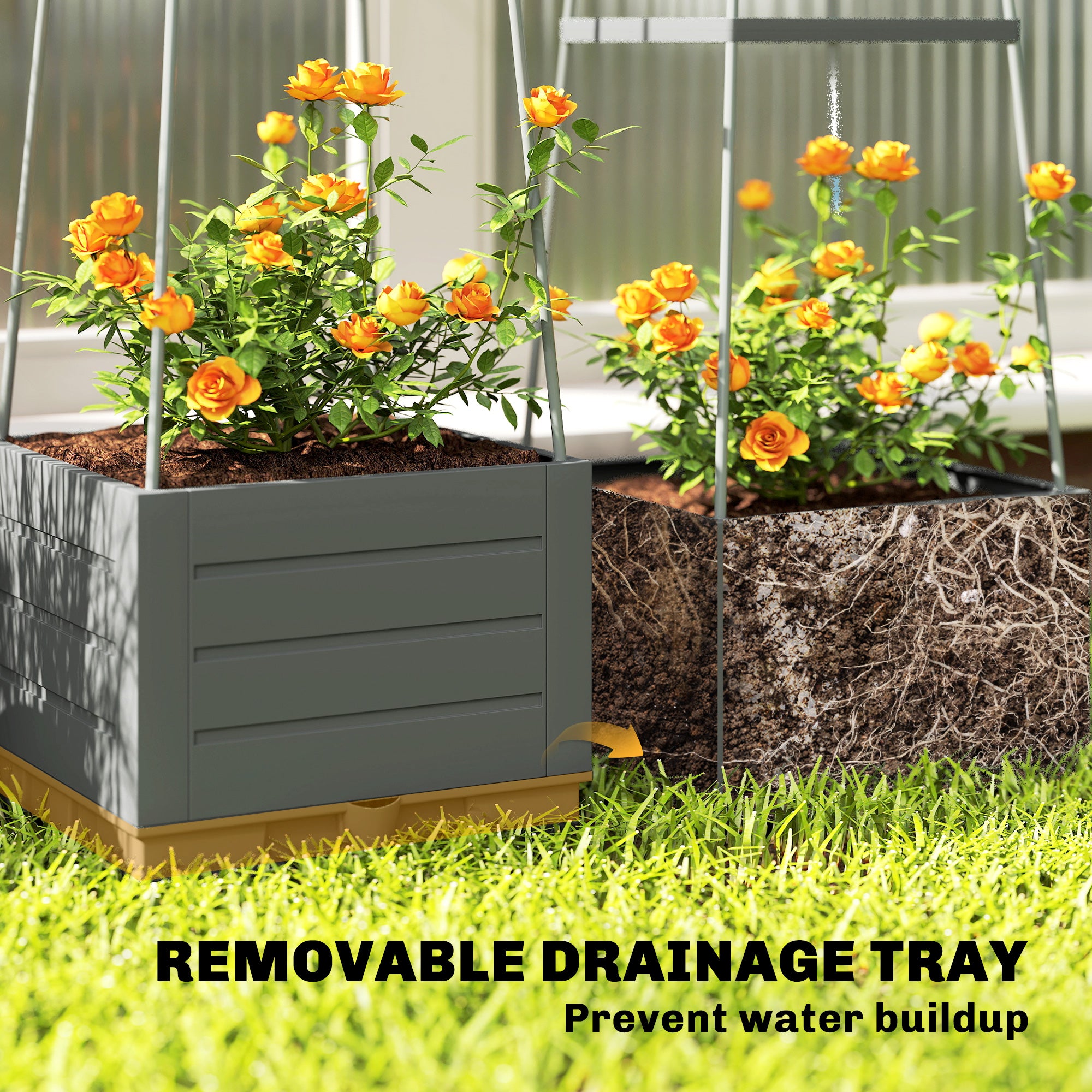 Outsunny 2 Pack Raised Garden Bed with Trellis, Plastic Outdoor Planter Box with Removable Drainage Tray 