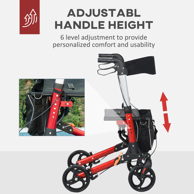 HOMCOM Folding Rollator Walker with Seat and Backrest, Lightweight Walking Frame with Detachable Storage Bag, Dual Brakes, Adjustable Handle Height, 4 Wheeled Walker for Seniors, Handicapped, Red 