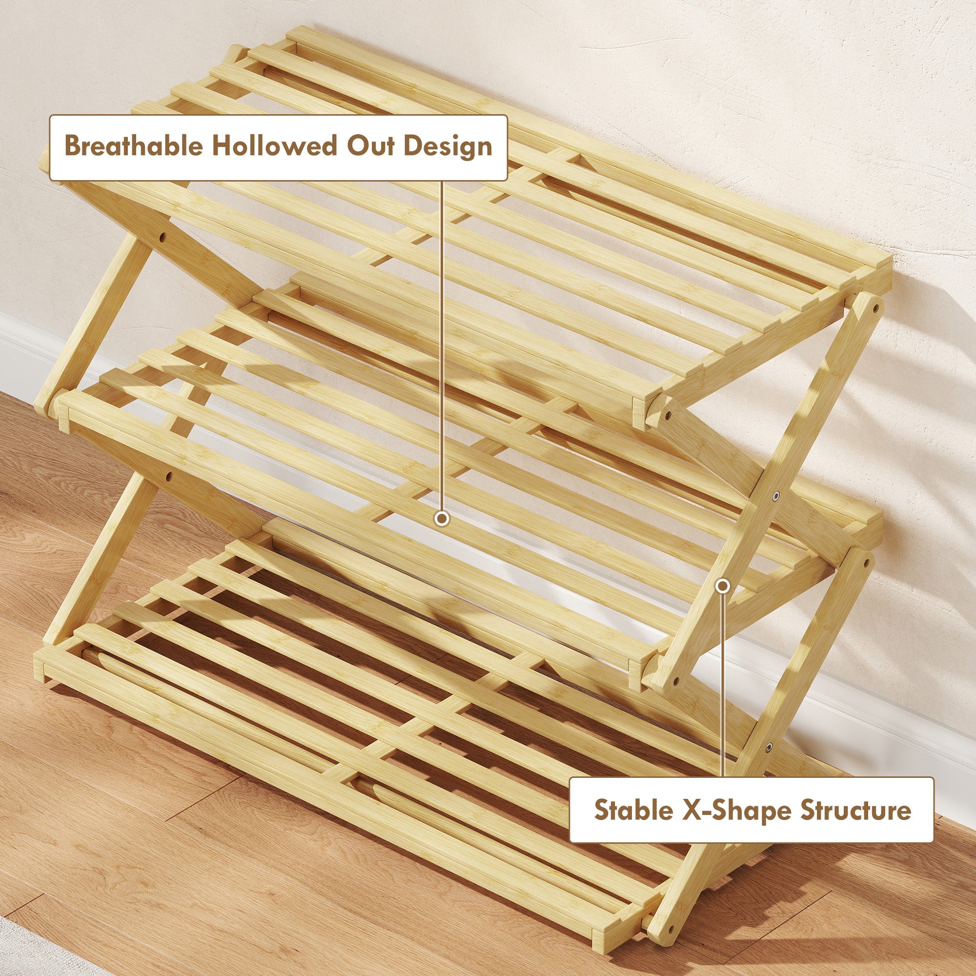 HOMCOM Three-Tier Folding Bamboo Shoe Rack - Natural Finish 