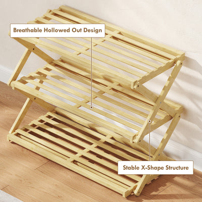 HOMCOM Three-Tier Folding Bamboo Shoe Rack - Natural Finish 