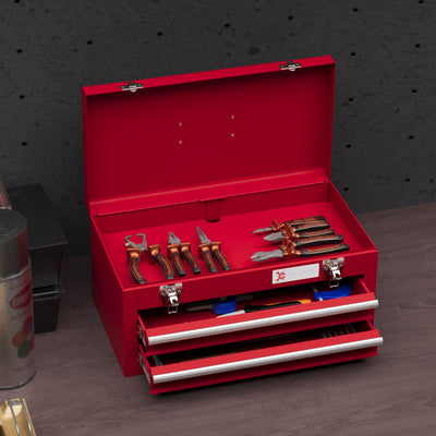 DURHAND Lockable Metal Tool Box, 2 Drawer Tool Chest with Latches, Handle, Ball Bearing Runners, Red 