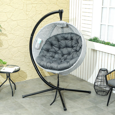Outsunny Hanging Egg Chair Outdoor Indoor Garden Swing Chair with Folding Basket, Garden Hanging Chair with Stand, Thickened Cushion, Cup Holder for Patio, Balcony, Grey 