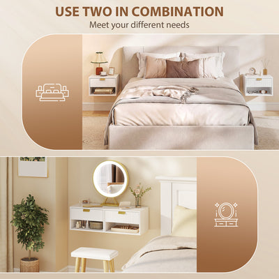 HOMCOM Set of 2 Wall Mounted Nightstands, Floating Bedside Tables with Fluted Drawer and Open Shelf for Small Bedroom, White 