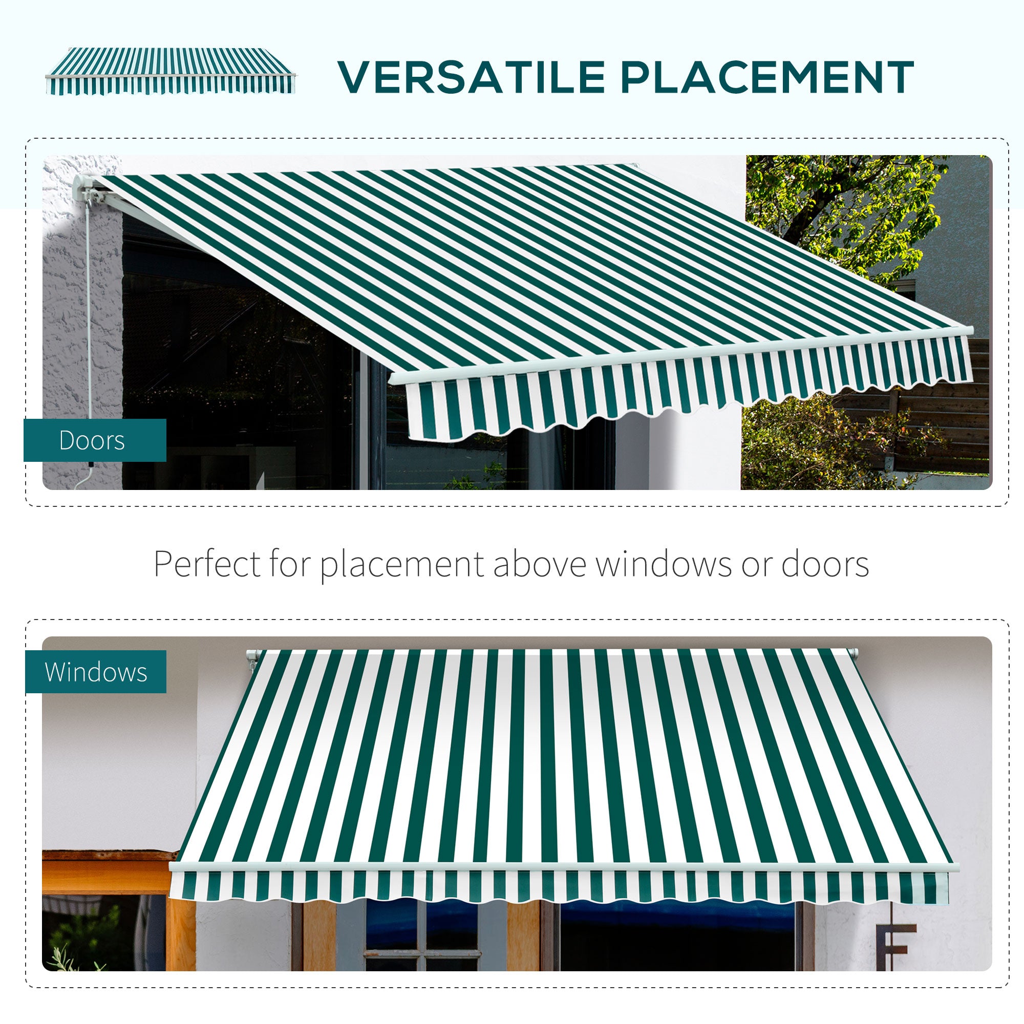 Outsunny Manual Retractable Awning, size (3.5m x2.5m)-Dark Green/White Stripes 