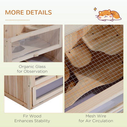 PawHut Wooden Hamster Cage Mouse Mice Rodent Small Animals Hutch Exercise Play House 60 x 35 x 42cm, Natural Wood Finish 