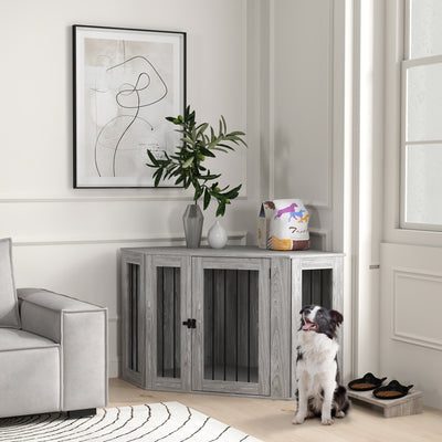 PawHut 2 in 1 Dog Crate Furniture Side Table, with Cushion, 122 x 61 x 71cm - Grey 
