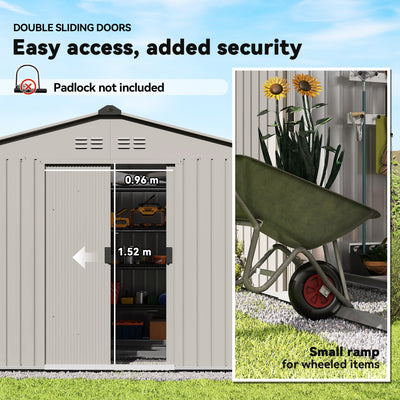 Outsunny Garden Storage Shed, Metal Outdoor Storage Shed House with Foundation Kit, Ventilation, Doors, 9 x 6FT, Grey 