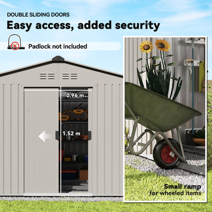 Outsunny Garden Storage Shed, Metal Outdoor Storage Shed House with Foundation Kit, Ventilation, Doors, 9 x 6FT, Grey