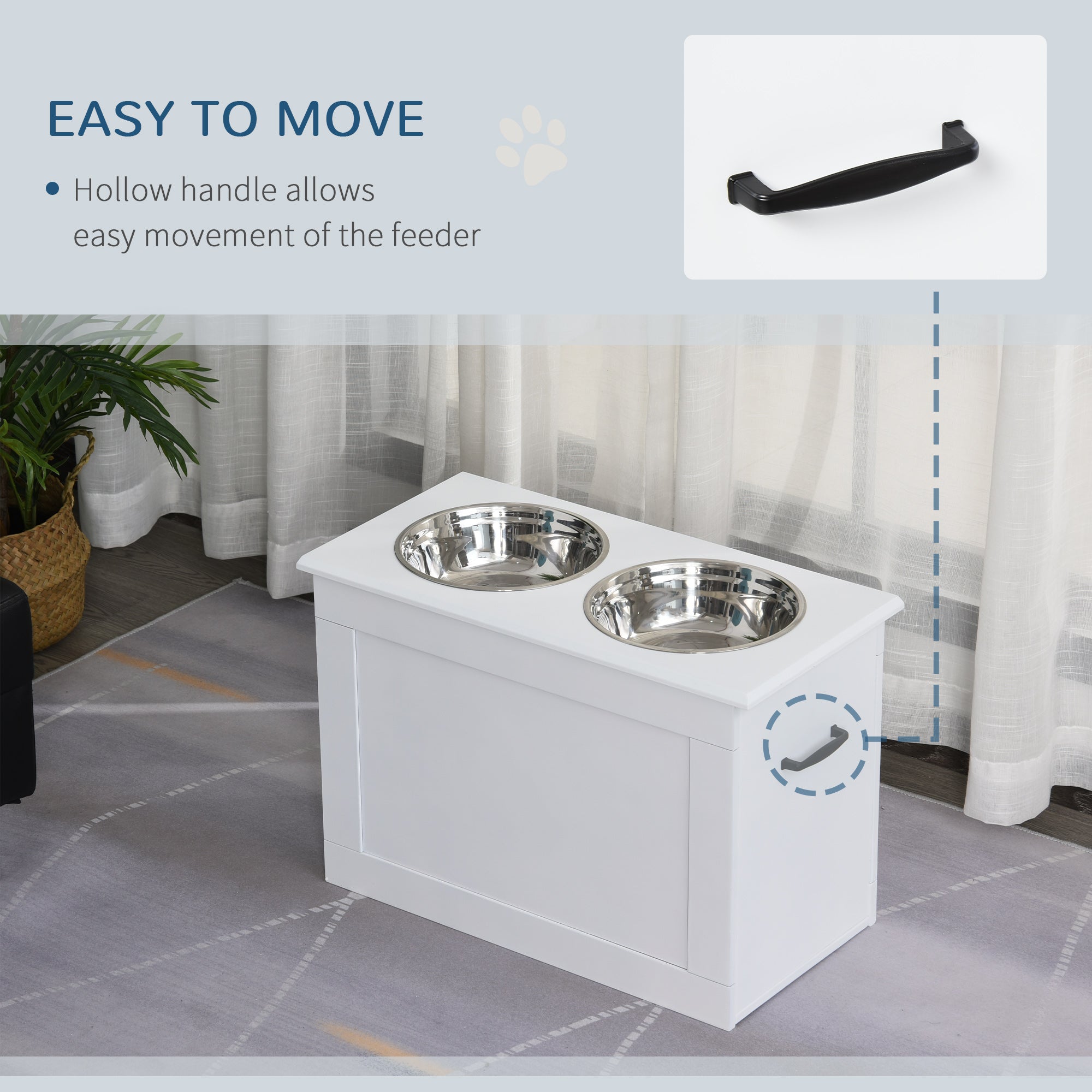 PawHut Raised Dog Bowls, with Storage, Two Stainless Steel Bowls, Elevated Base - White 
