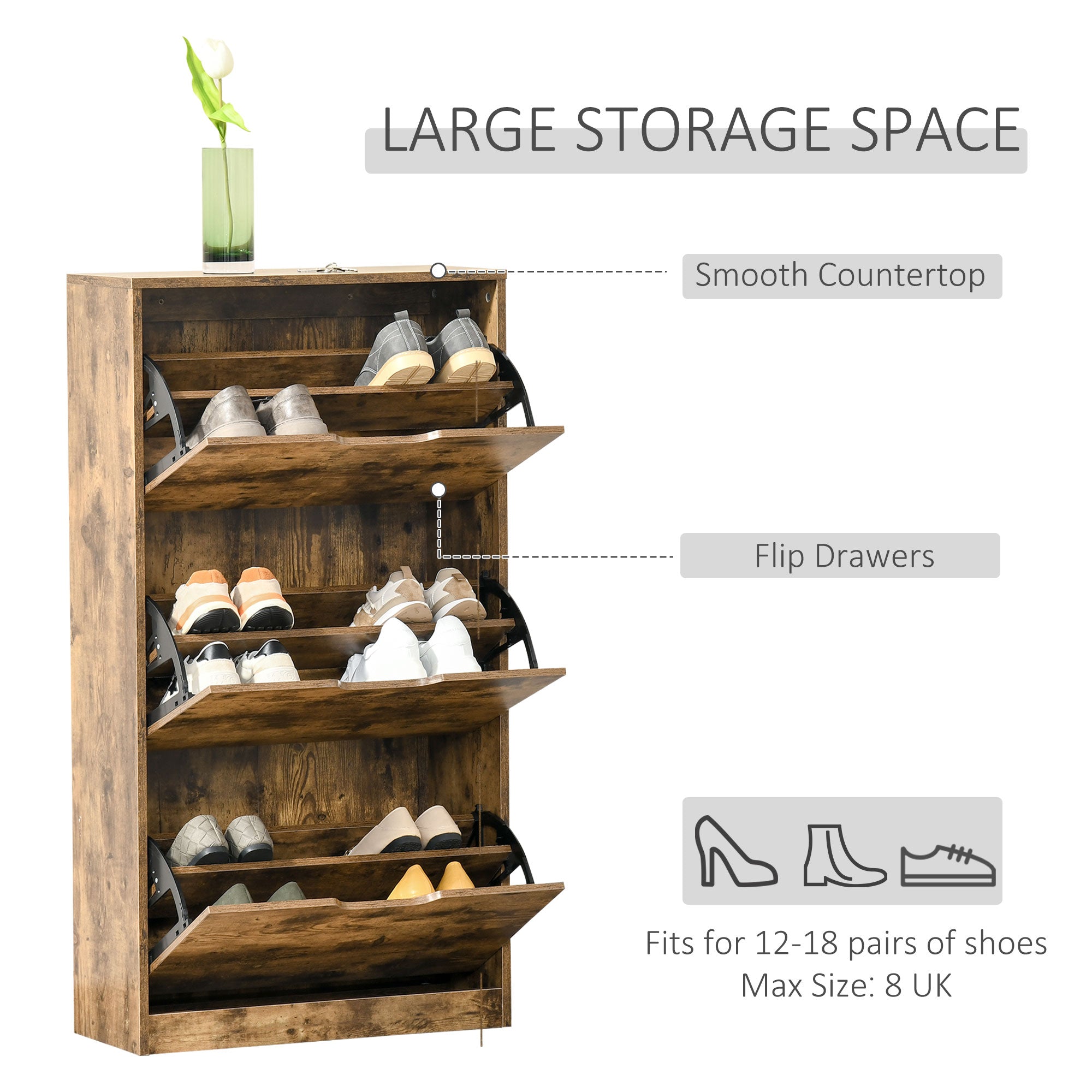 HOMCOM Industrial Shoe Cabinet with 3 Flip Drawers, Narrow Shoe Storage Cabinet for 18 Pairs, Freestanding Slim Shoe Storage Organiser for Entryway, Hallway, Rustic Brown 