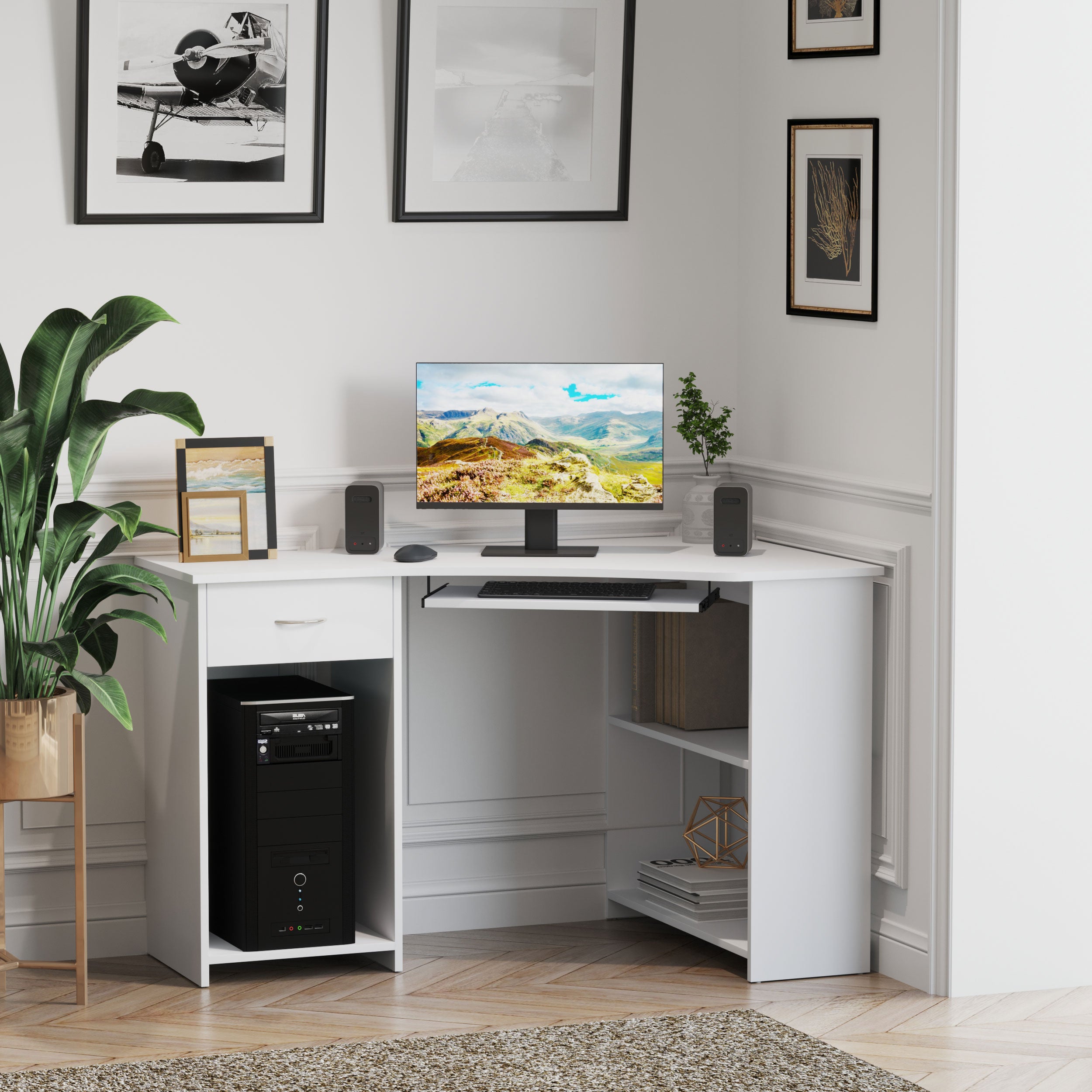 HOMCOM L-Shaped Corner Computer Desk w/ 2 Shelves Wide Worktop Keyboard Tray Drawer & CPU Stand Home Office Study Bedroom Furniture White 