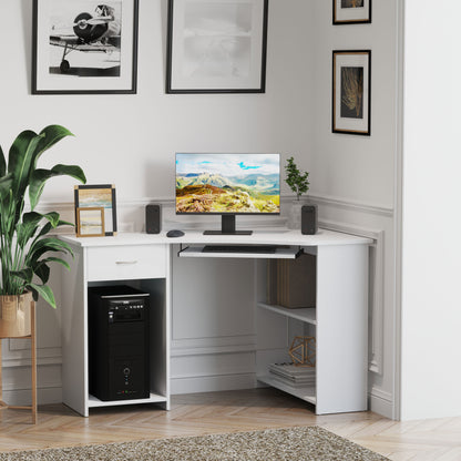 HOMCOM L-Shaped Corner Computer Desk w/ 2 Shelves Wide Worktop Keyboard Tray Drawer & CPU Stand Home Office Study Bedroom Furniture White 