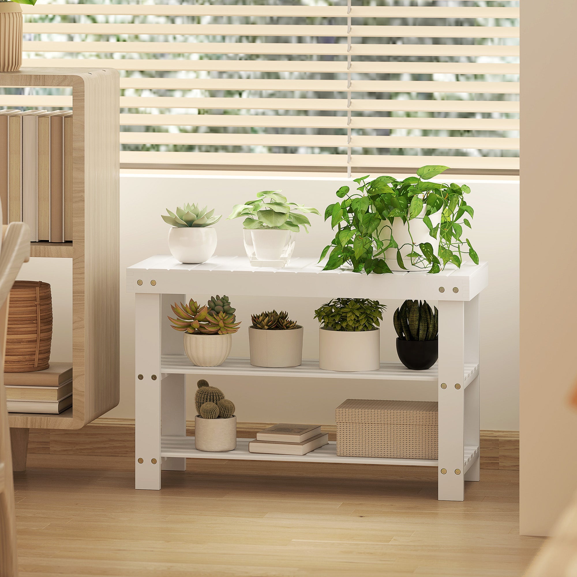 HOMCOM Two Shelf Bamboo Shoe Storage Bench - White 