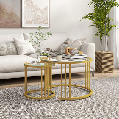 HOMCOM Round Coffee Tables Set of 2, Nesting Tables with Tempered Glass Top and Steel Frame, 60cmx60cmx47cm, Gold Tone 