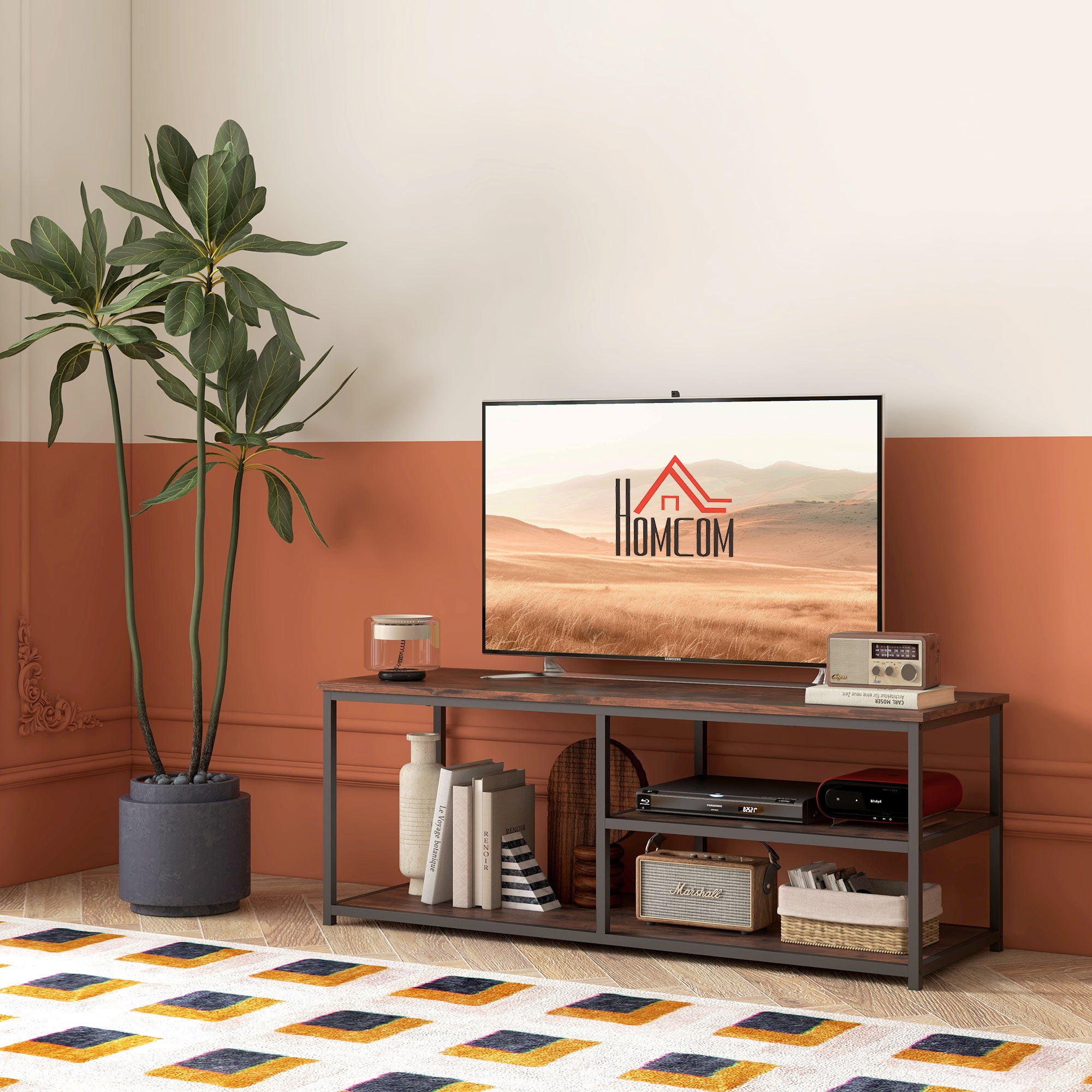 HOMCOM TV Unit for 55 inch TVs, Industrial TV Table with 2 Storage Shelves and Metal Frame, Entertainment Unit For living Room, Rustic Brown 