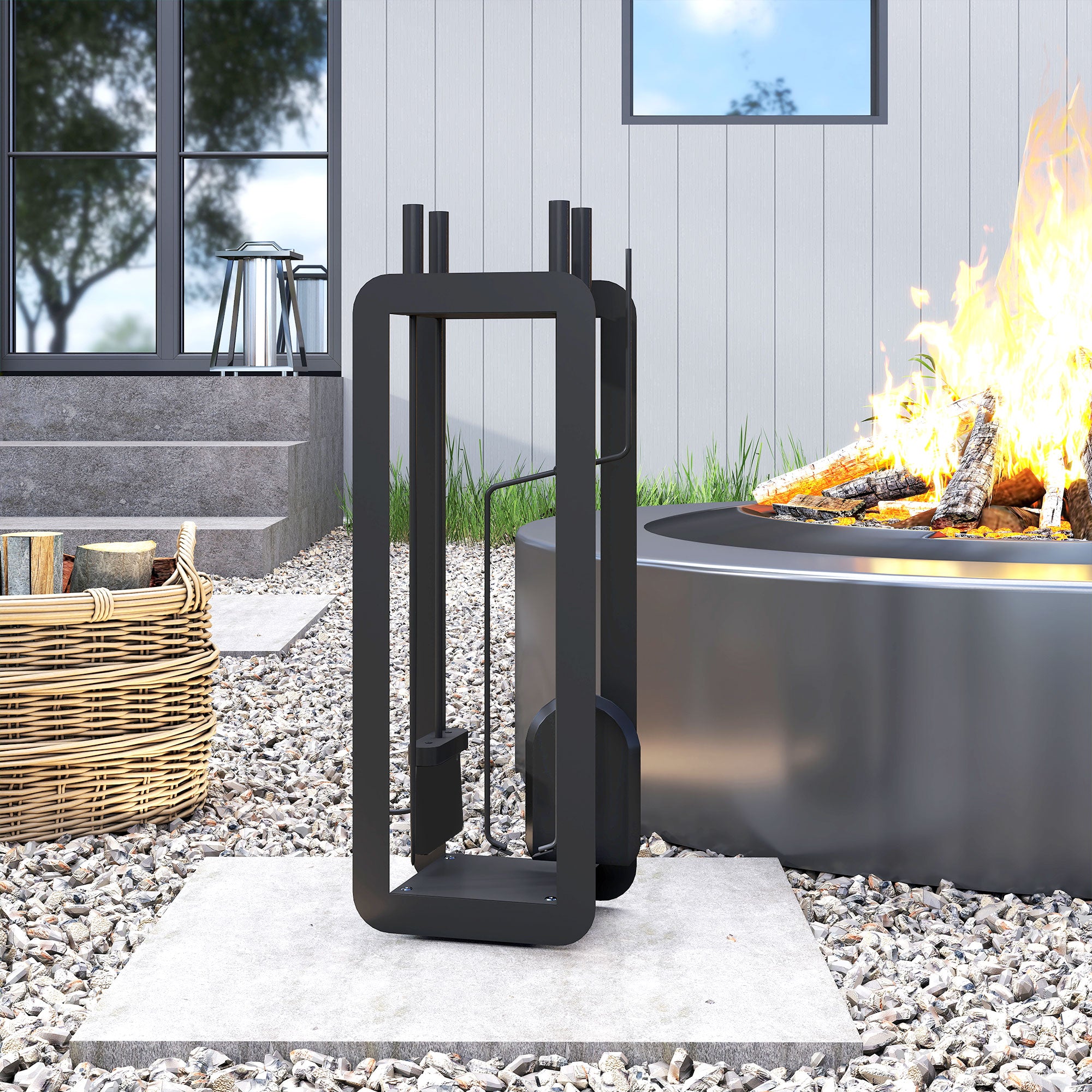 Outsunny 5 Pieces Fireplace Companion Set, Metal Fireplace Accessories Fireside Companion Set with Brush, Shovel, Poker, A Pair of Tongs, Stand, Black 