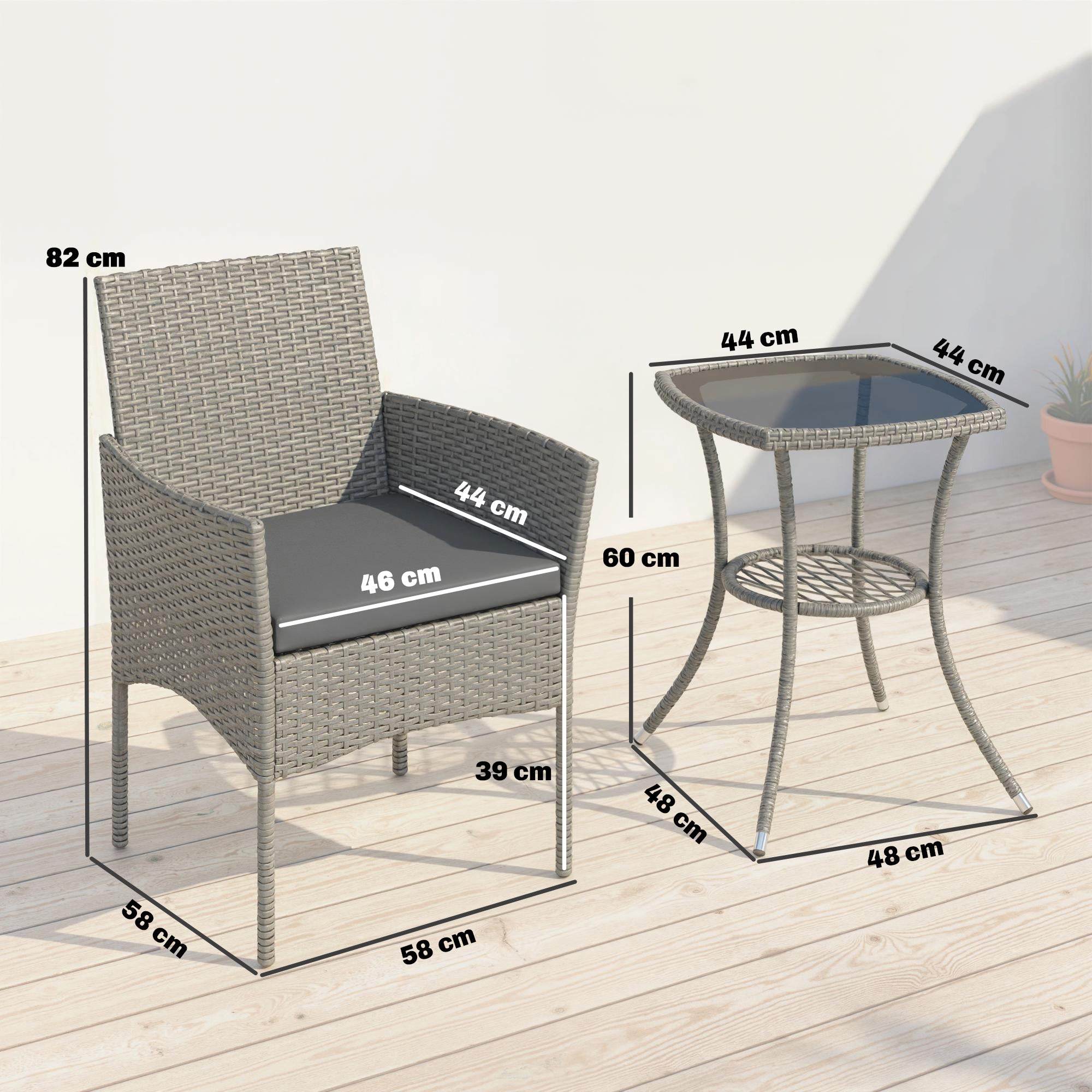 Outsunny 3 Piece Rattan Bistro Set, PE Wicker Garden Furniture Conversation Set with 2 Tier Glass-Top Table, Chairs, Dark Grey 