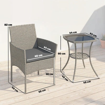 Outsunny 3 Piece Rattan Bistro Set, PE Wicker Garden Furniture Conversation Set with 2 Tier Glass-Top Table, Chairs, Dark Grey 