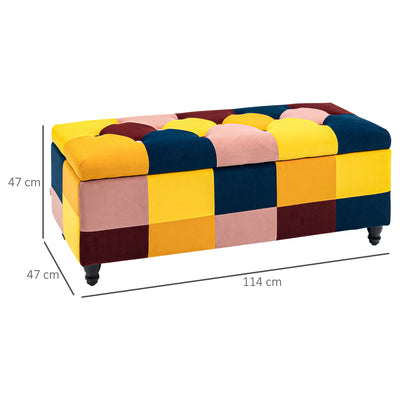 HOMCOM 114 x 47 x 47cm Velvet Storage Ottoman, Button-tufted Footstool Box, Toy Chest with Lid for Living Room, Bedroom, Multicoloured 