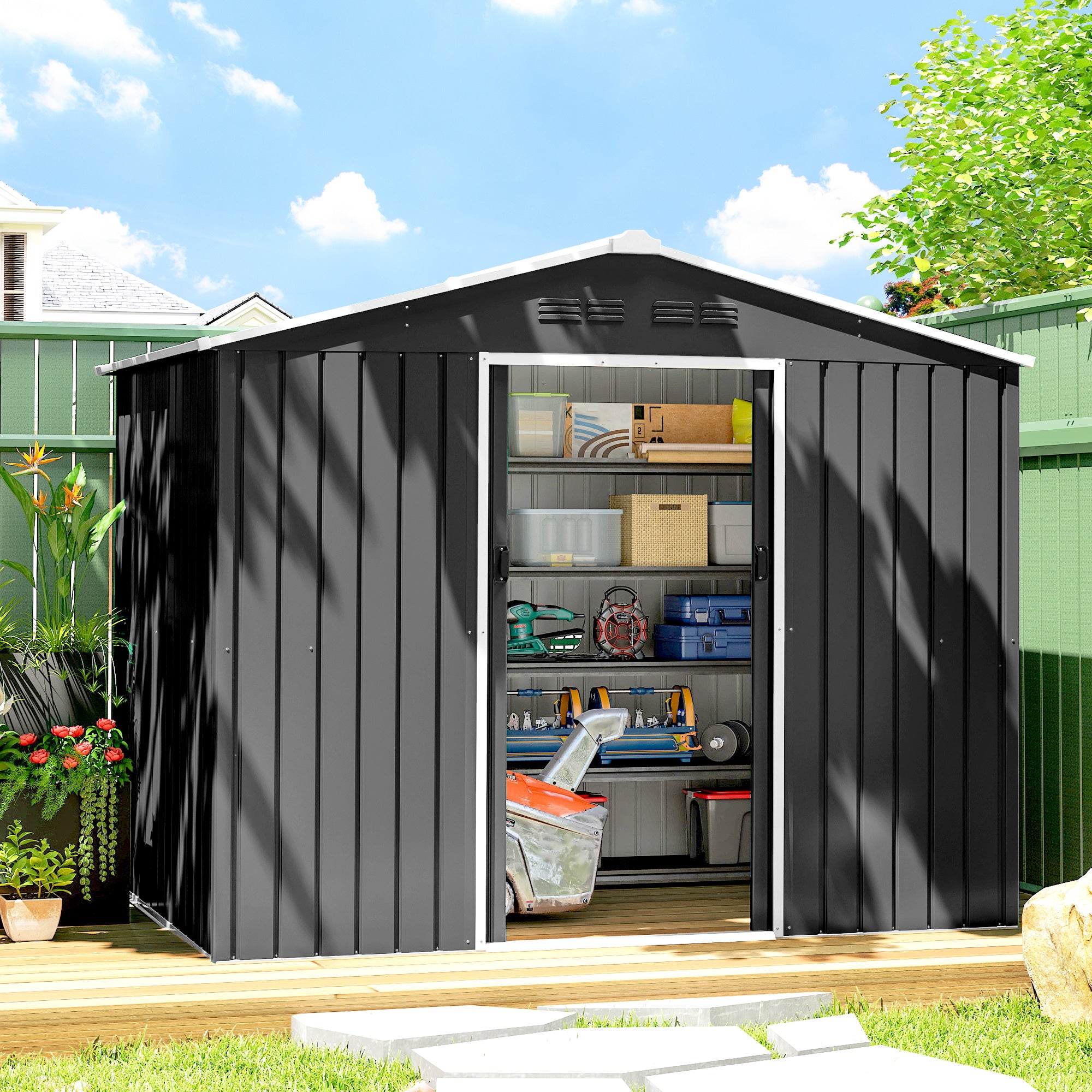 Outsunny 8 x 6ft Galvanised Steel Shed, with Double Door - Dark Grey 