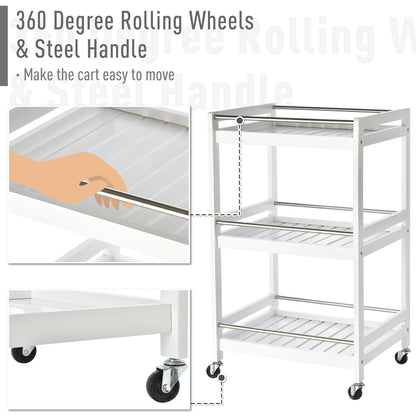 HOMCOM 3-Tier Home Trolley Kitchen Storage Cart w/ Steel Bars 4 Universal Wheels Rolling Unit Organiser Living Room White 