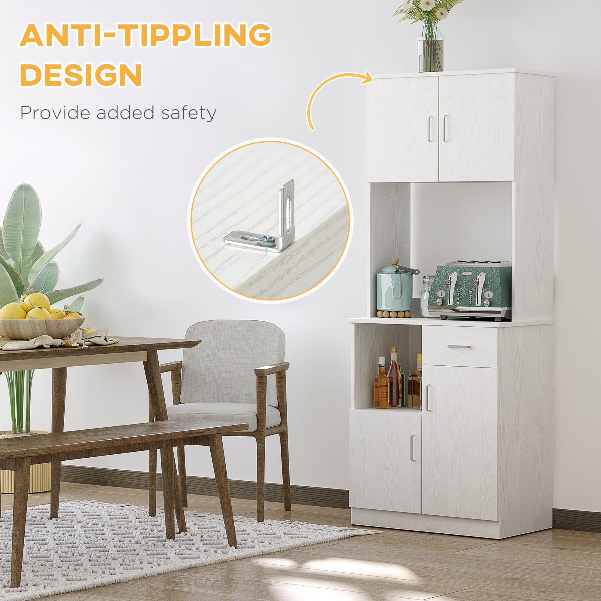 HOMCOM Freestanding Kitchen Cupboard, Modern Kitchen Storage Cabinet with Doors, Microwave Counter and Adjustable Shelves, White 