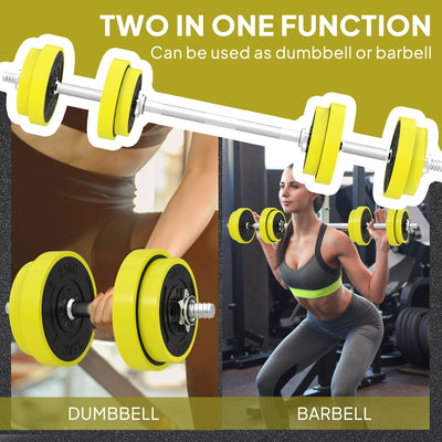 HOMCOM 20KGS 2-In-1 Dumbbell & Barbell Adjustable Set Strength Muscle Exercise Fitness Plate Bar Clamp Rod Home Gym Sports Area, Yellow 