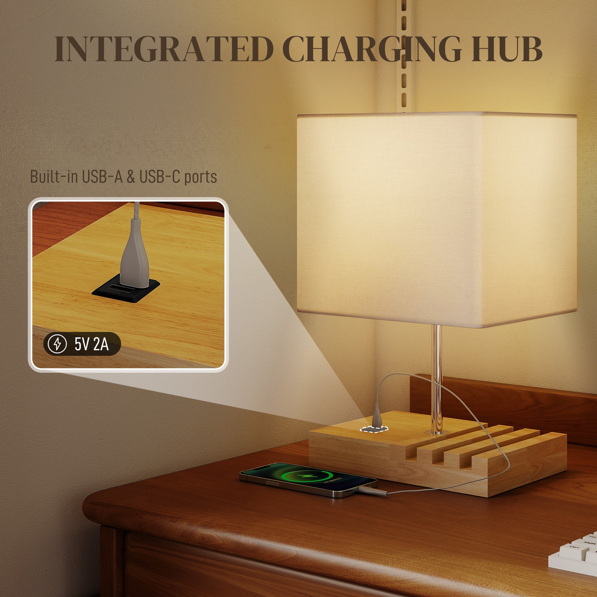 HOMCOM Bedside Lamp with USB A+C Charging Ports and 3 Phone Stands, Modern Table Lamp with Solid Wood Base and Fabric Shade for Bedroom Living Room Office, E27 Socket, Bulb Not Included, White 