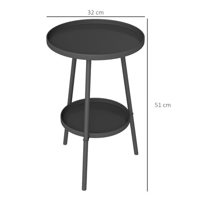 Outsunny Round Garden Table, 2-Tier Small Side Table, Metal Patio Table Coffee Table Dining Table for Porch Deck Balcony, Black 