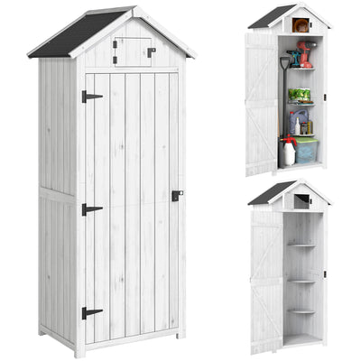 Outsunny Small Shed, Tall Slim Wooden Garden Shed with 3 Removable Shelves and Roof Hatch, Compact Outdoor Tool Storage Cabinet with Asphalt Roof and Door Latch, 77 x 54.2 x 179 cm, Light Grey 