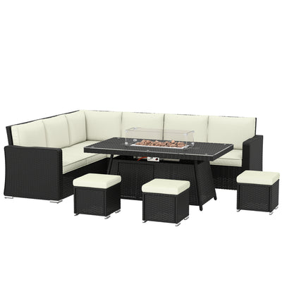 Outsunny 7 Pieces PE Rattan Garden Furniture Set, 50,000 BTU Gas Fire Pit Table, Double Corner Sofa and 3 Footstools 