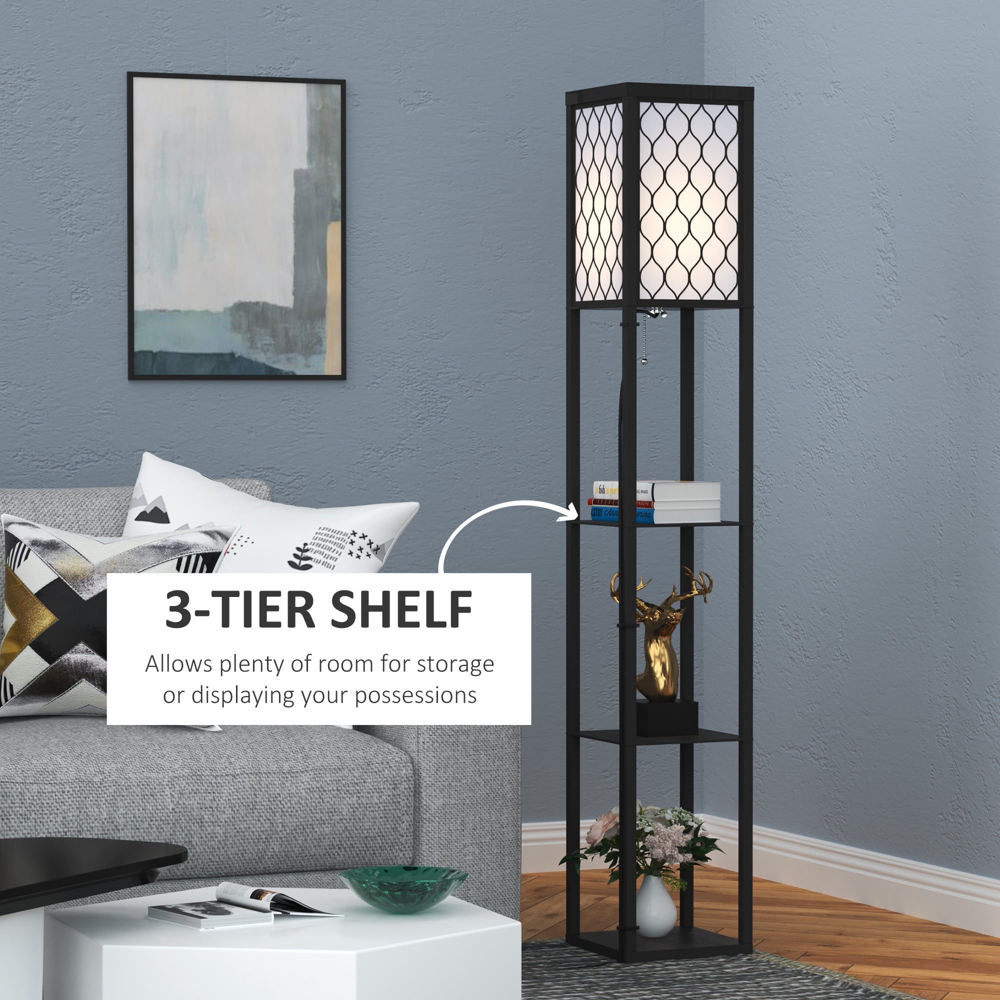 HOMCOM Shelf Floor Lamp Standing Lamp W/4-tier Wooden Open Shelves,26L x 26W x 160Hcm-Black/White 