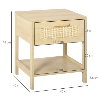 HOMCOM Nightstand with Rattan Drawer and Storage Shelf, Bedside End Table for Bedroom, Living Room 
