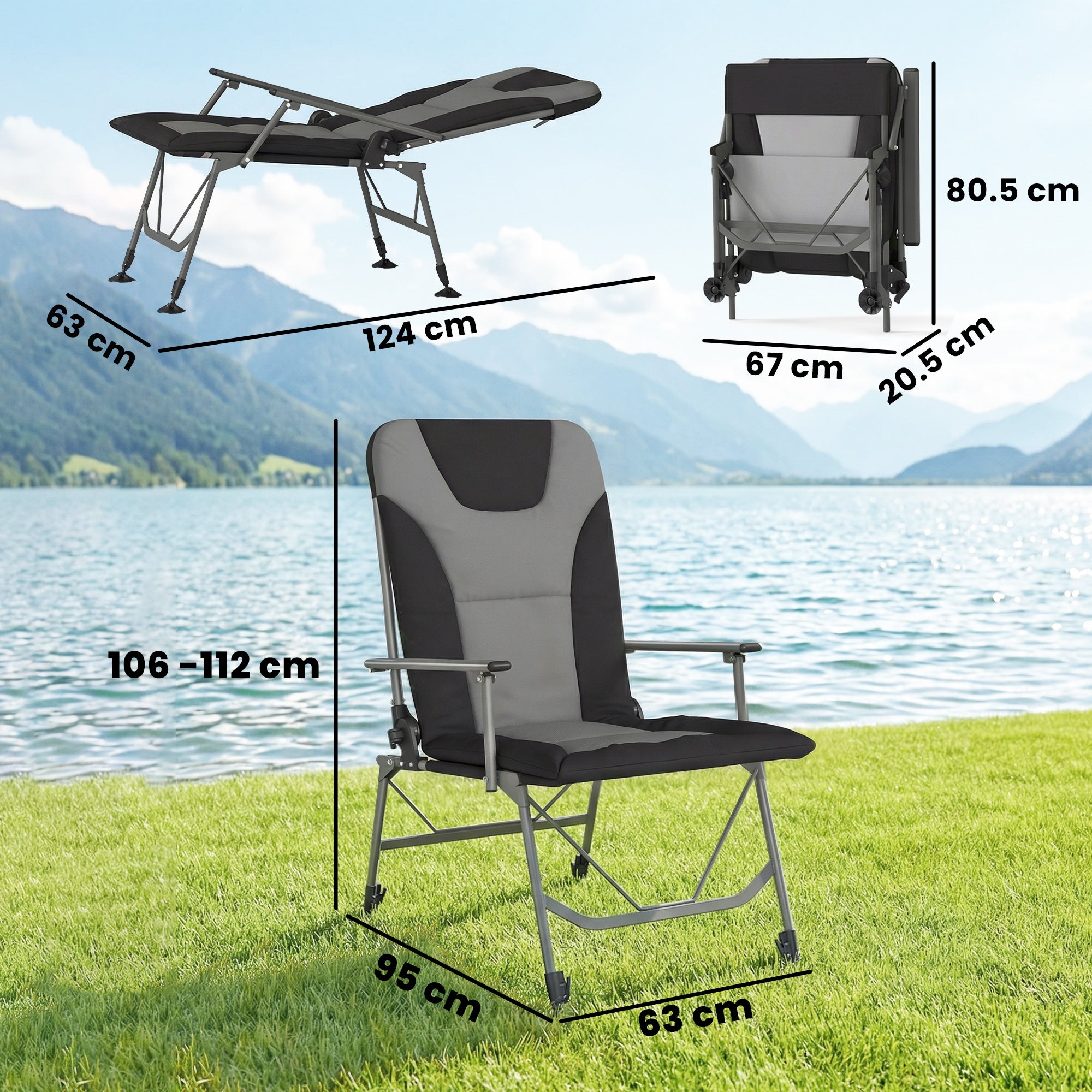 Outsunny Camping Chair Padded Reclining Folding Chair with Wide Armrests for Adults Black 
