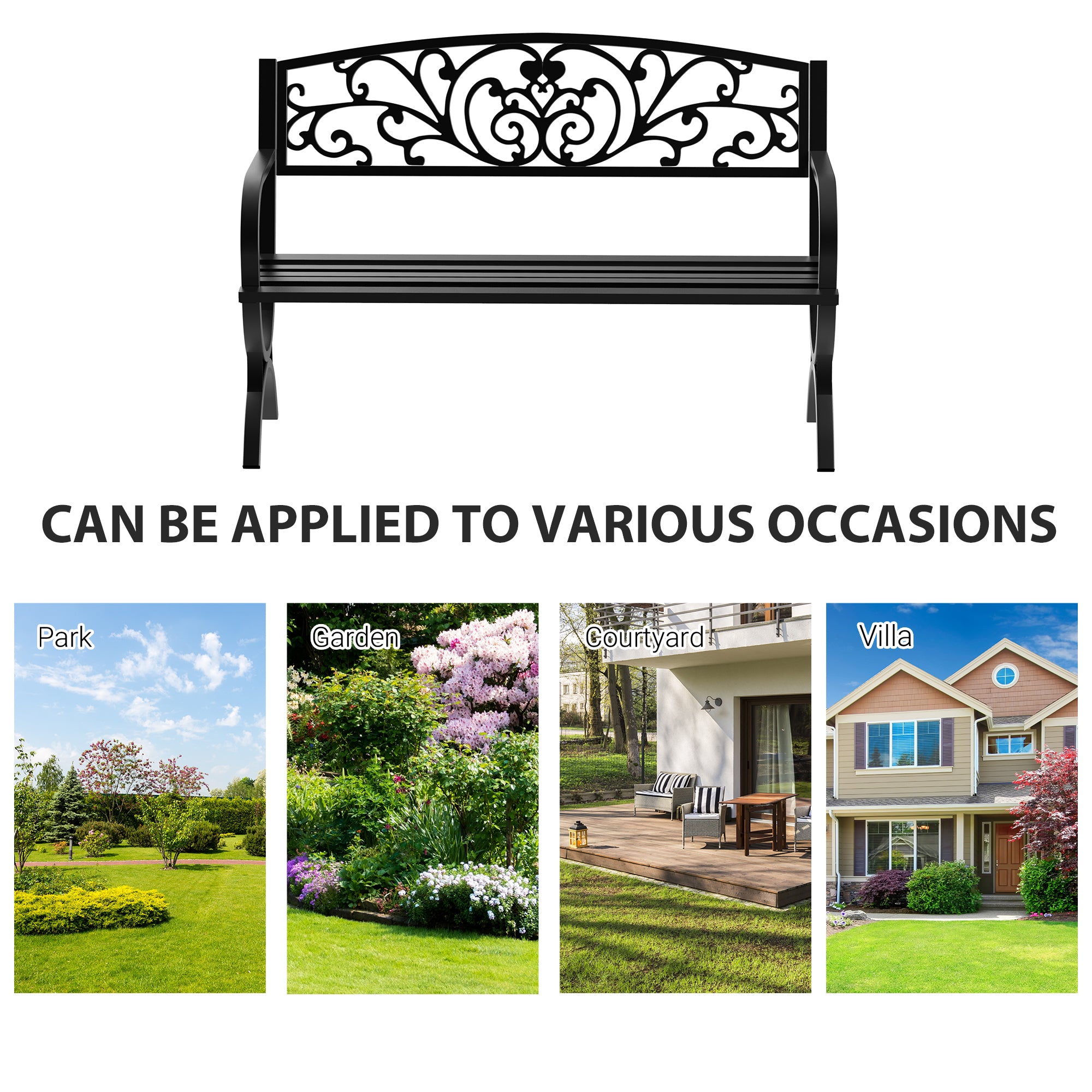 Outsunny 127L x 60W x 85H cm Powder Coated Garden Bench for Patio Backyard, Steel-Black 