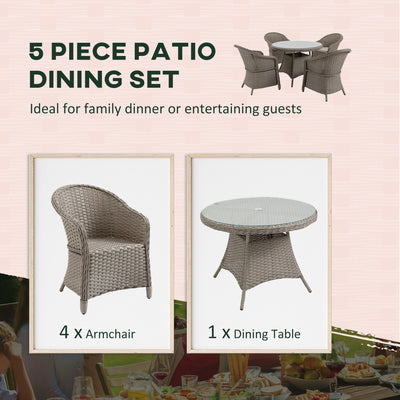 Outsunny 4 Seater Rattan Garden Furniture Set with Cushions, Round PE Rattan Dining Set with Glass-Top Table, Umbrella Hole, Outdoor Garden Table and Chairs, Mixed Grey 