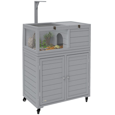 PawHut Wooden Tortoise House with Storage Cabinet, Openable Top, Lamp Holder, Transparent Observation Windows, Light Grey 