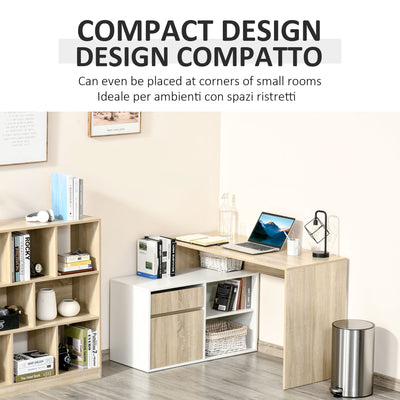 HOMCOM L-Shaped Desk, Corner Computer Desk with Storage Drawer, Adjustable Shelf, Cabinet for Home Office and Study, 120 x 92 x 75cm, Oak and White 