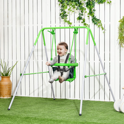 Outsunny Kids Swing, Steel Nursery Swing, with Seatbelt, High Support Back, Front Guard, for Ages 6-36 Months - Green 