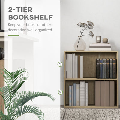 HOMCOM 2 Tier Bookshelf, Low Bookcase with Adjustable Shelf, 2 Compartments for Home Office, Living Room, Study, Natural 