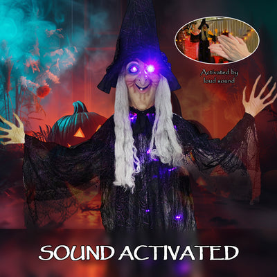 Outsunny 183 cm Life Size Halloween Animated Hanging Witch with Glowing LED Eyes & Body, Spooky Witch Scary Halloween Decorations, Battery Operated, Indoor Party Props 